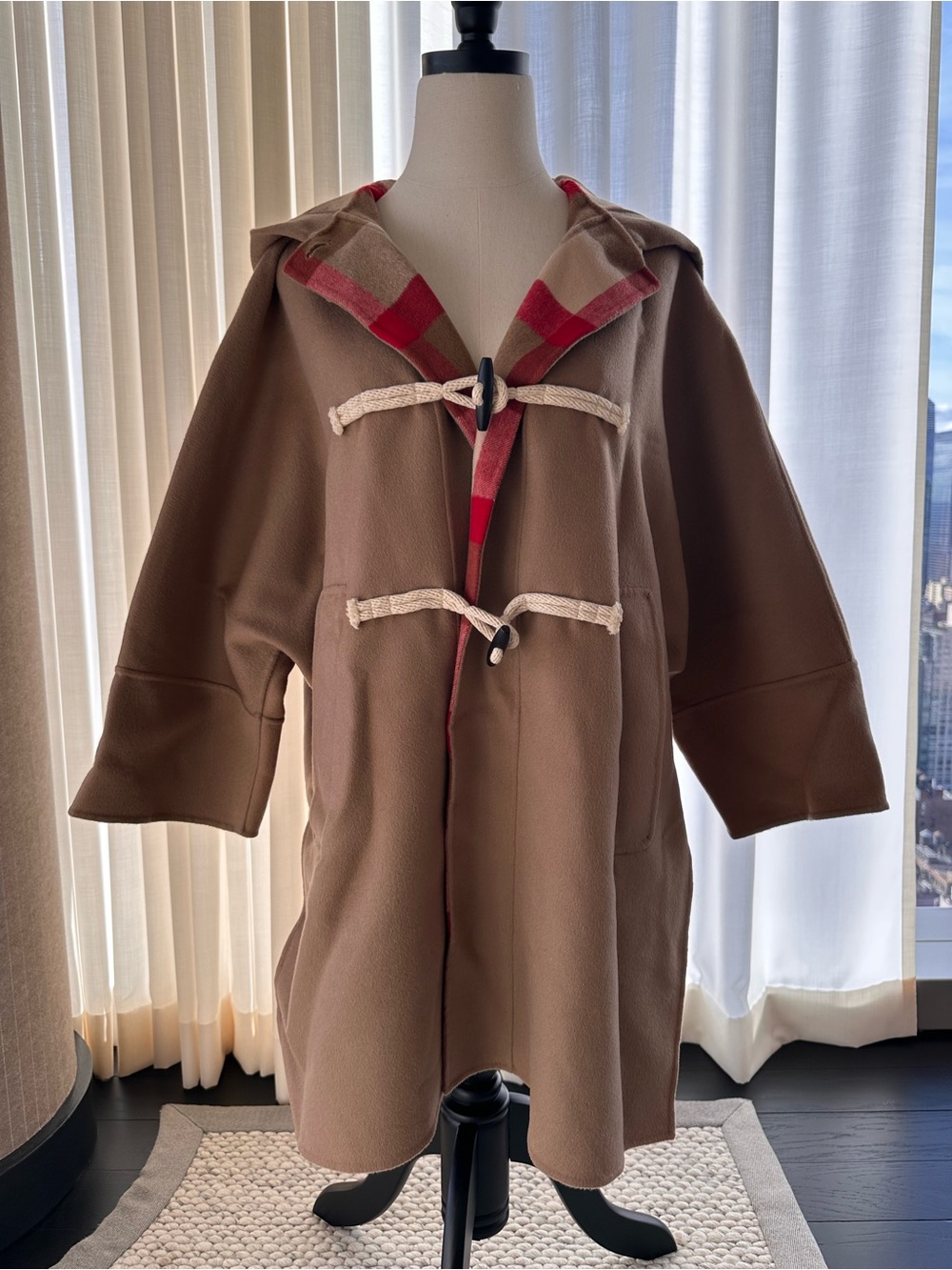 MaxMara Brown Hooded Toggle Pea Coat with Red Plaid Lining